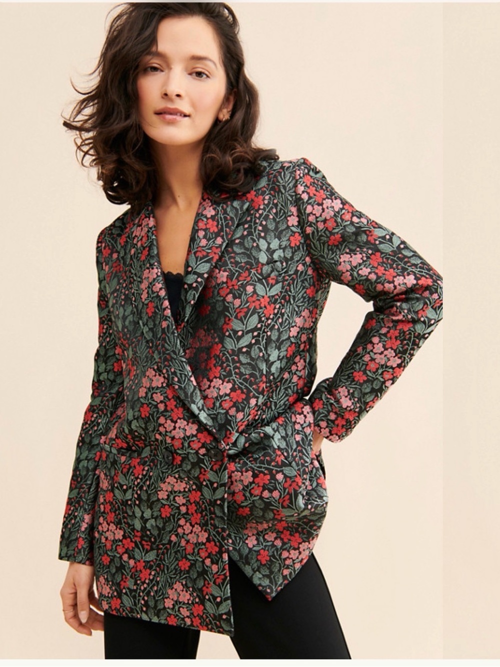 Anthropologie- Hutch Floral Jacquard Blazer in Green and Pink Size S